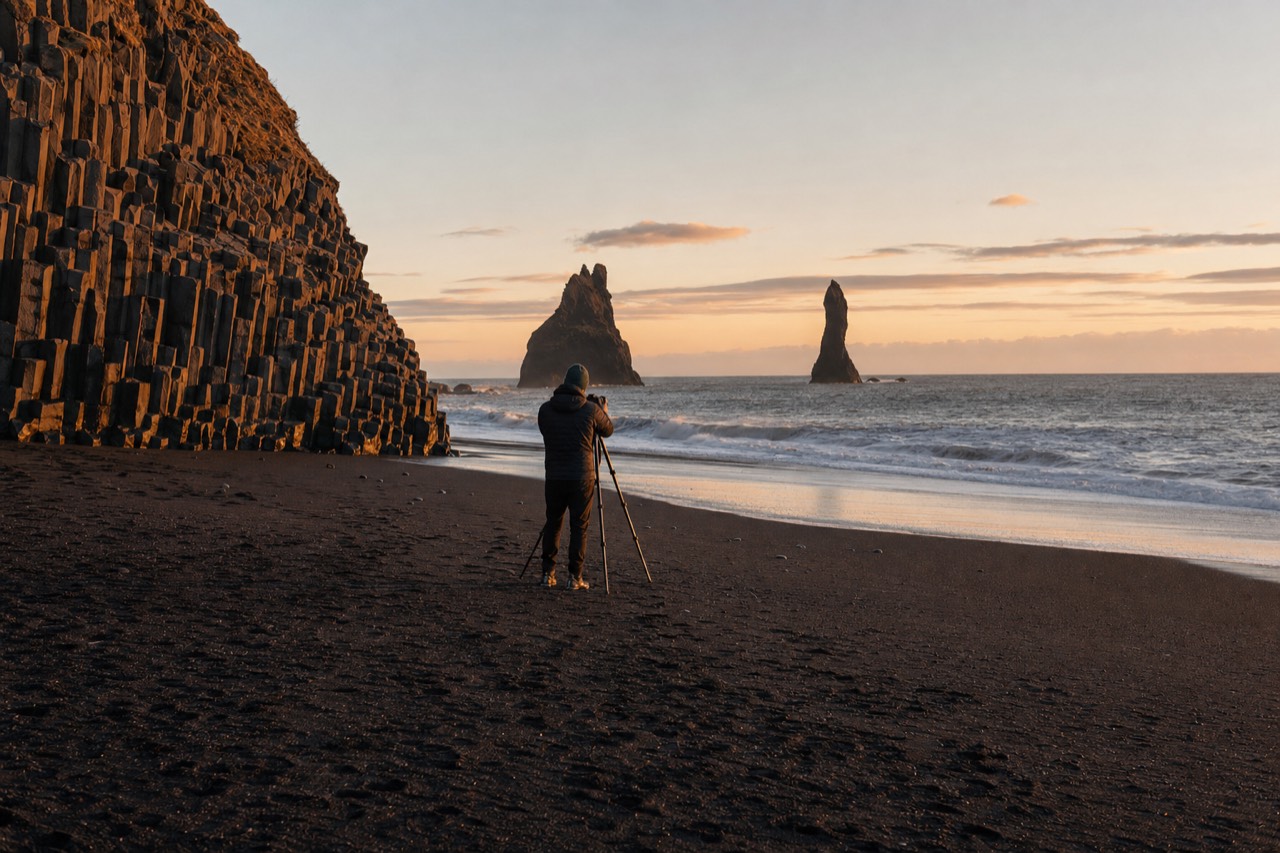 A photographer working low with a tripod, standing well back from the surf on the black sand at Reynisfjara